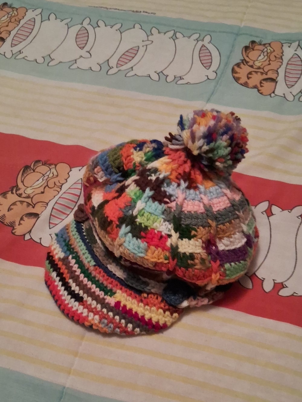 NWOT,VINTAGE 90'S, Multicolor Crochet Pom Pom Beanie Cap - "News Boy Style"💚🧡